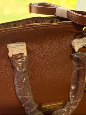 Joy & Iman Caramel Brown Pebbled Leather Tote with Gold Plaque